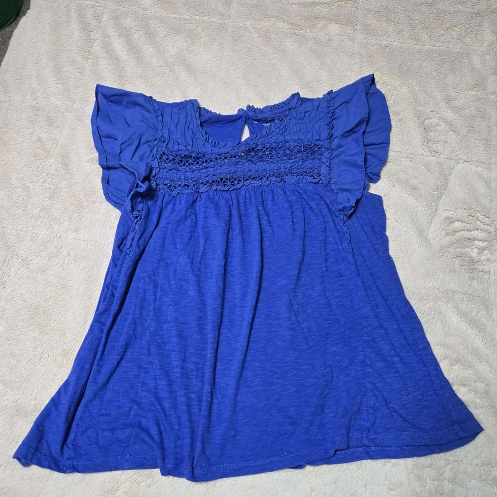 Loft Royal Blue Blouse Flutter Ruffle Cap Sleeve Floral Petal Eyelet Top Yoked L